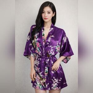 I Frogee Floral Peacock Satin Kimono Robe - Purple Size Large